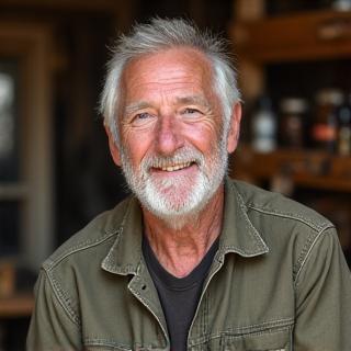 Portrait of Thomas 'The Carver' O'Connell, Serpent Scale's Master Craftsman, with a warm, experienced smile.