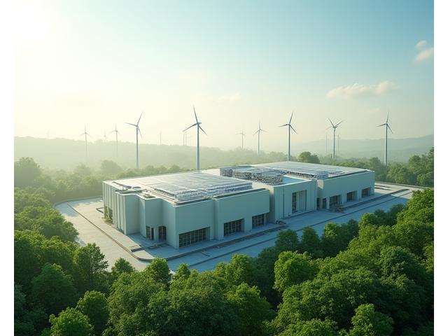 Industrial manufacturing facility with solar panels on the roof and natural elements incorporated, symbolizing carbon-neutral production.