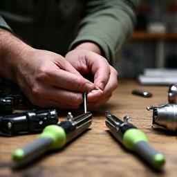 A highly skilled craftsman meticulously assembling a custom fishing reel or rod in a well-lit, clean workshop, with specialized tools and high-quality components laid out, symbolizing the final precision manufacturing and quality assurance.