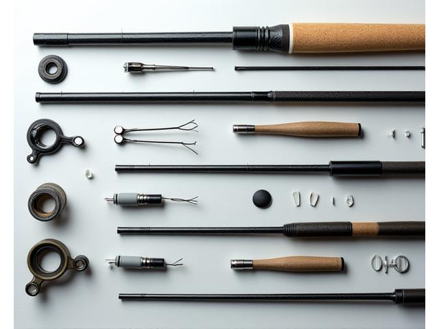 A selection of custom fishing rod blanks and components like handles, guides, and reel seats laid out, highlighting the bespoke nature of rod building.