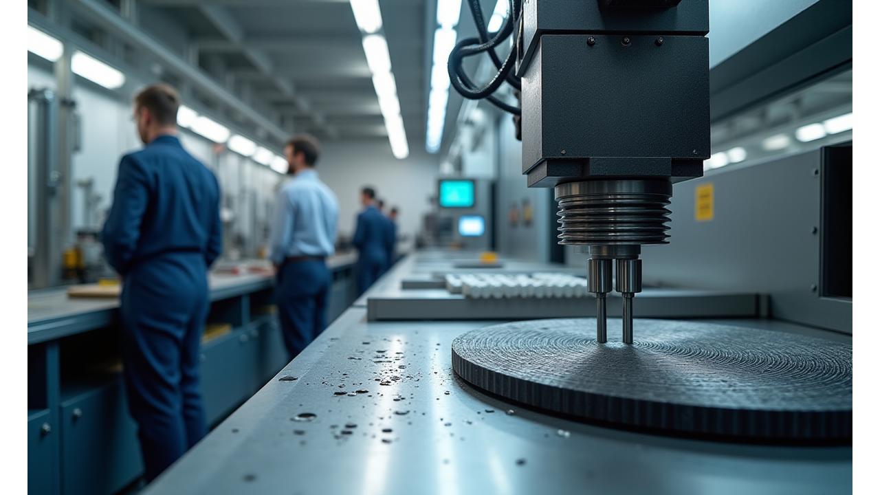 A modern workshop environment showcasing advanced manufacturing processes for fishing tackle, with a 3D printer, a CNC machine, and various high-tech materials like carbon fiber weaves and titanium alloys laid out, emphasizing precision and innovation.