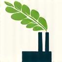 Icon depicting a green leaf over a factory chimney, symbolizing reduced carbon footprint.