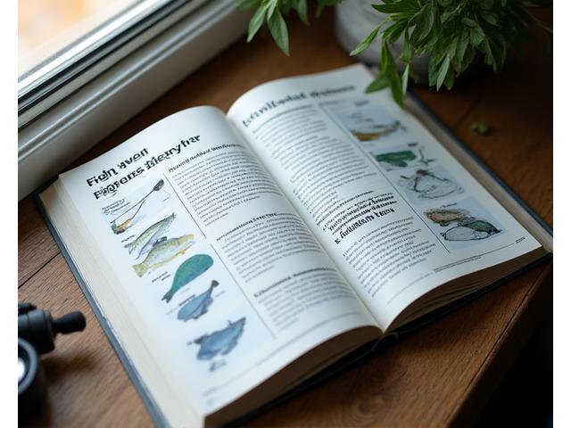 An open guidebook displaying diagrams of safe catch and release techniques, with a fishing rod in the background.