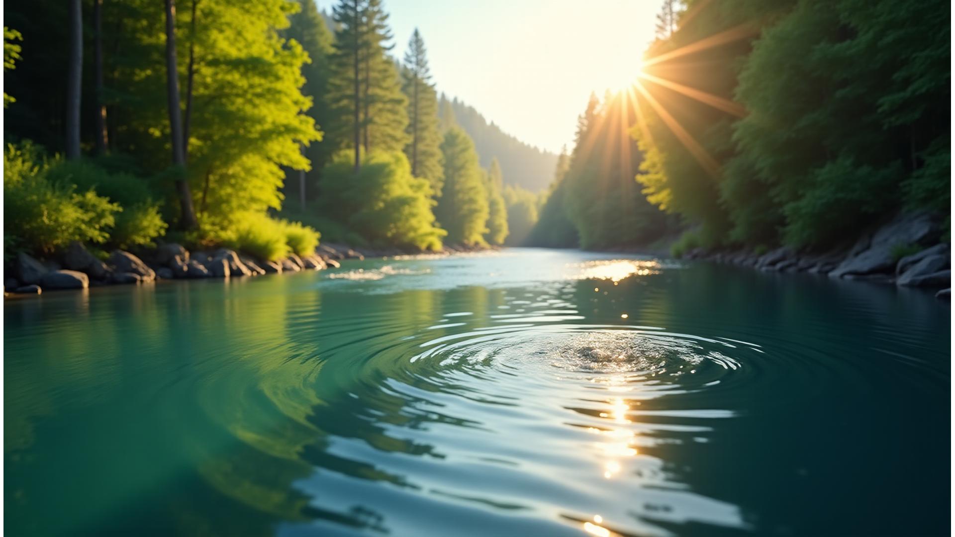 Crystal clear river flowing through a lush green forest with a subtle light effect, symbolizing pristine aquatic ecosystems.