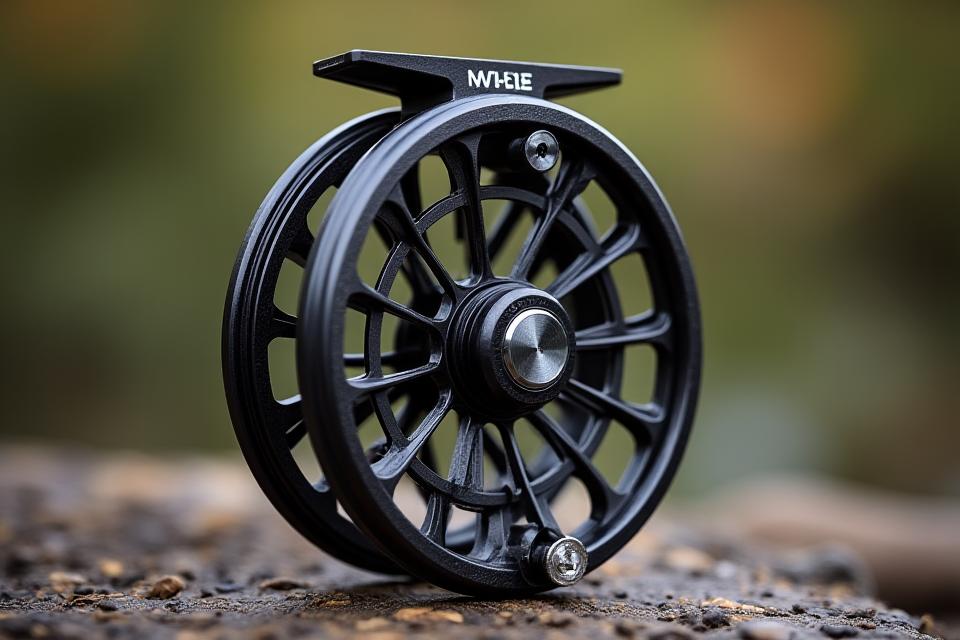 A finely machined fly reel with intricate details and a dark, corrosion-resistant finish, set against a blurred natural background.
