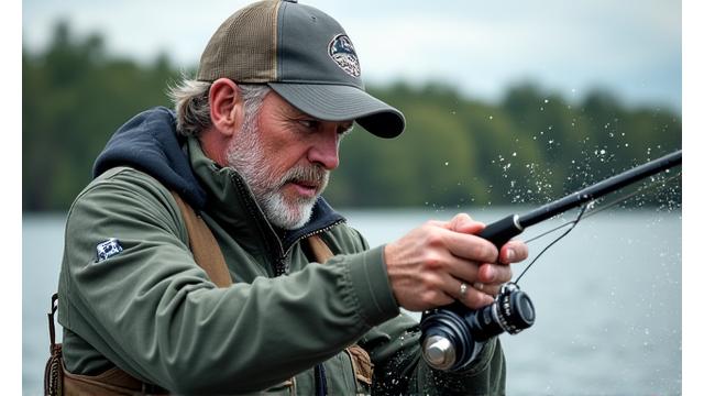 Professional angler testing a Serpent Scale fishing rod by catching a fish in a scenic lake