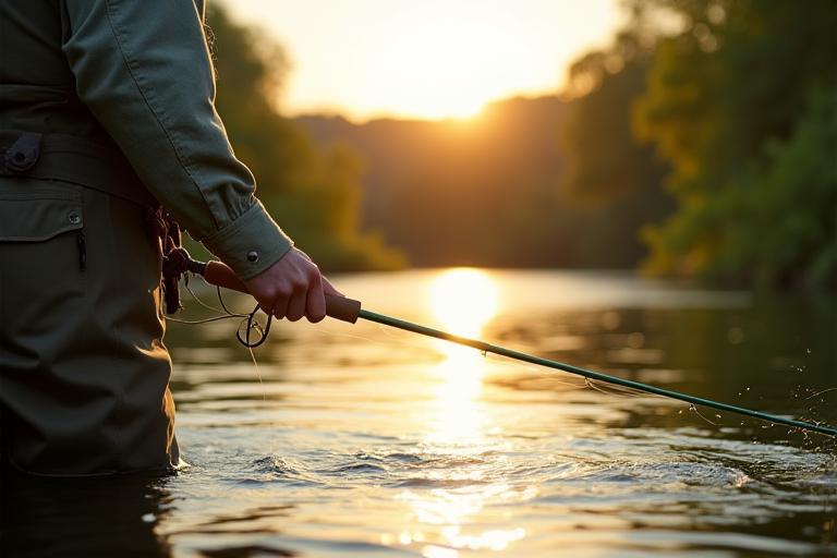 Expert fly fisherman casting line in a pristine UK river