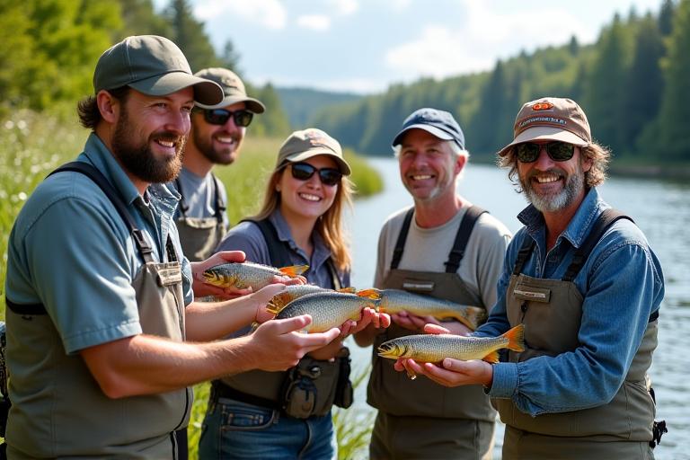 Group of fishing club members proudly holding eco-friendly Serpent Scale gear by a clean riverbank