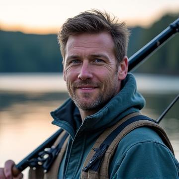 Portrait of a charismatic professional angler, early 40s, holding a fishing rod on a boat
