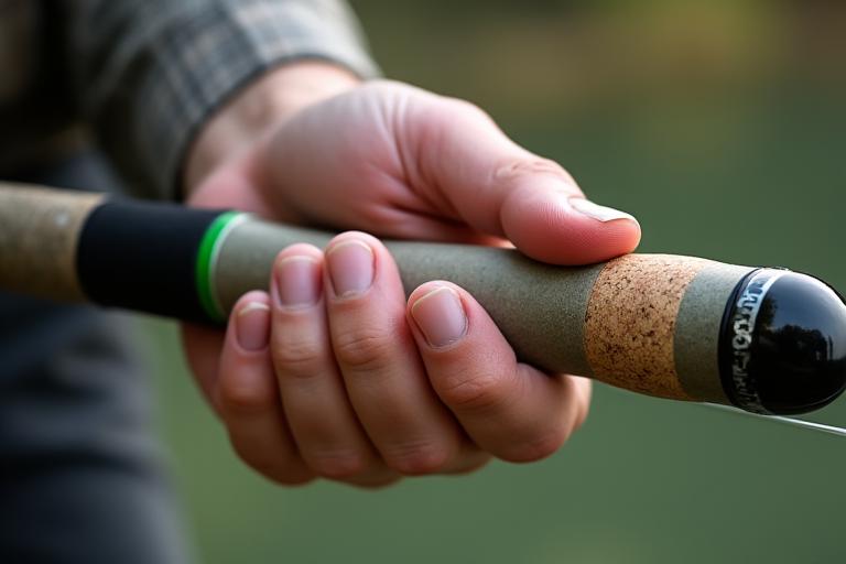 Close-up of an angler's hand gripping an ergonomic fishing rod handle