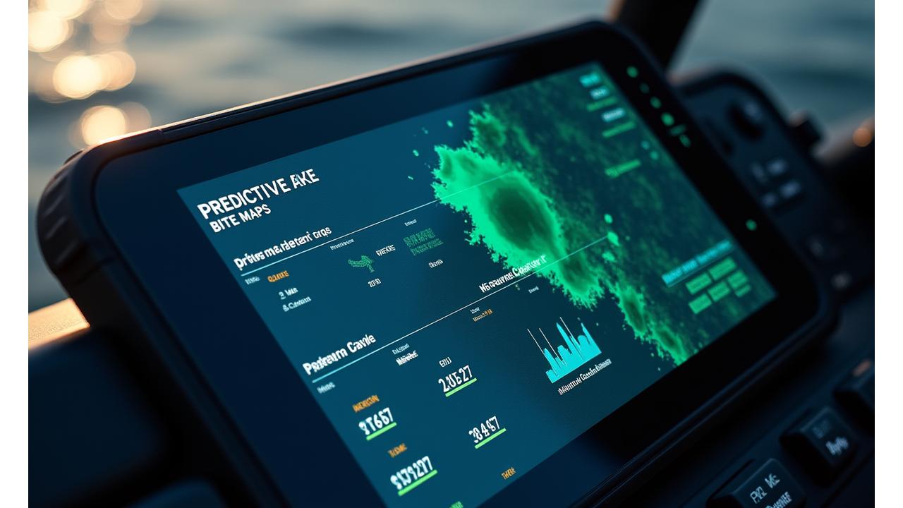 Advanced digital dashboard showing AI-driven fishing analytics, including predictive bite maps and optimal casting zones