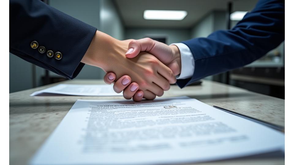 Two hands, one belonging to a customer and one to a Serpent Scale representative, shaking firmly over a signed document with a subtle background of fishing gear blueprints, symbolizing agreement and partnership in fishing tackle.